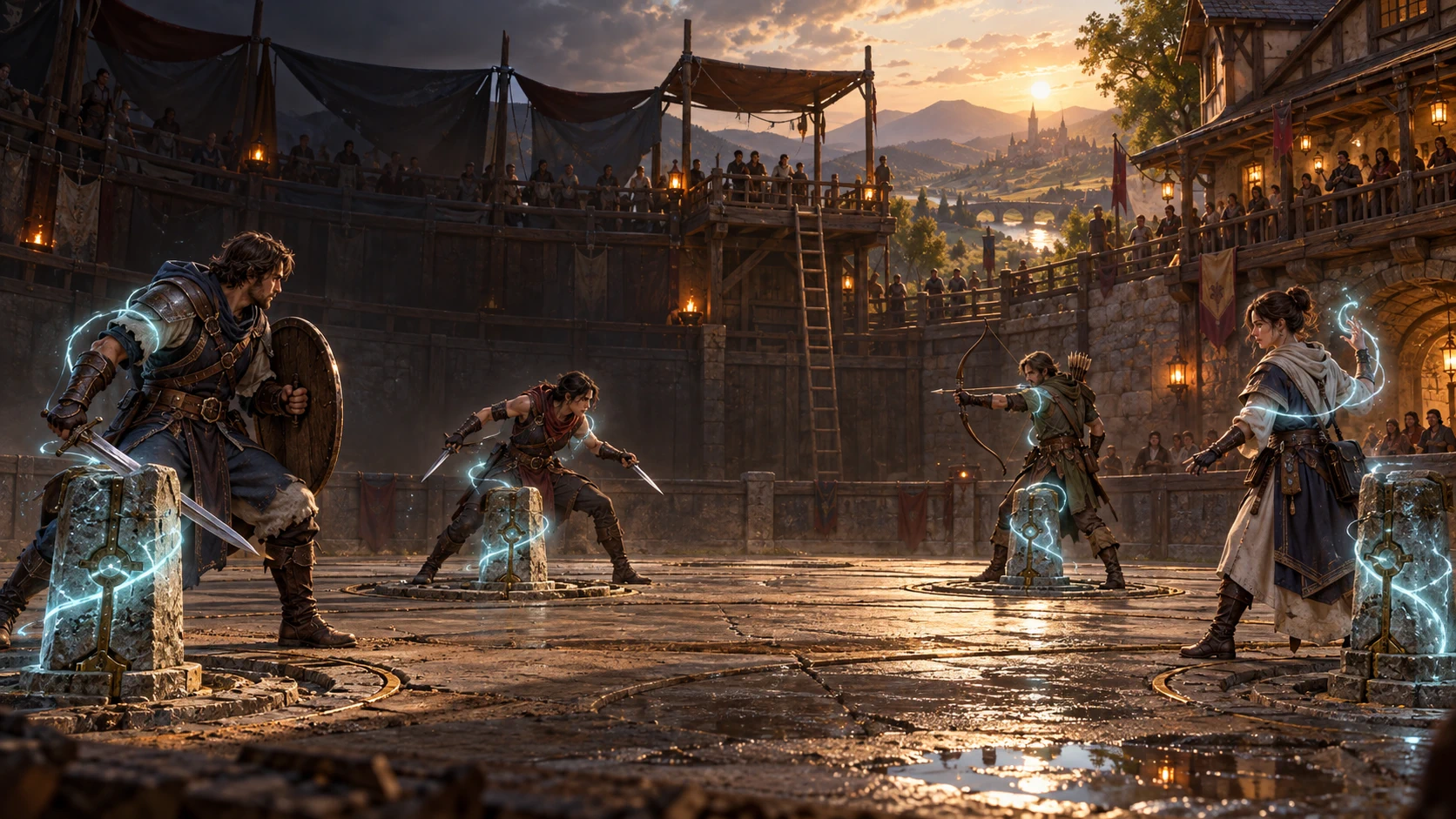 Concept art of four human fighters facing each other beside four glowing Binding Stones in a timber arena at sunset.